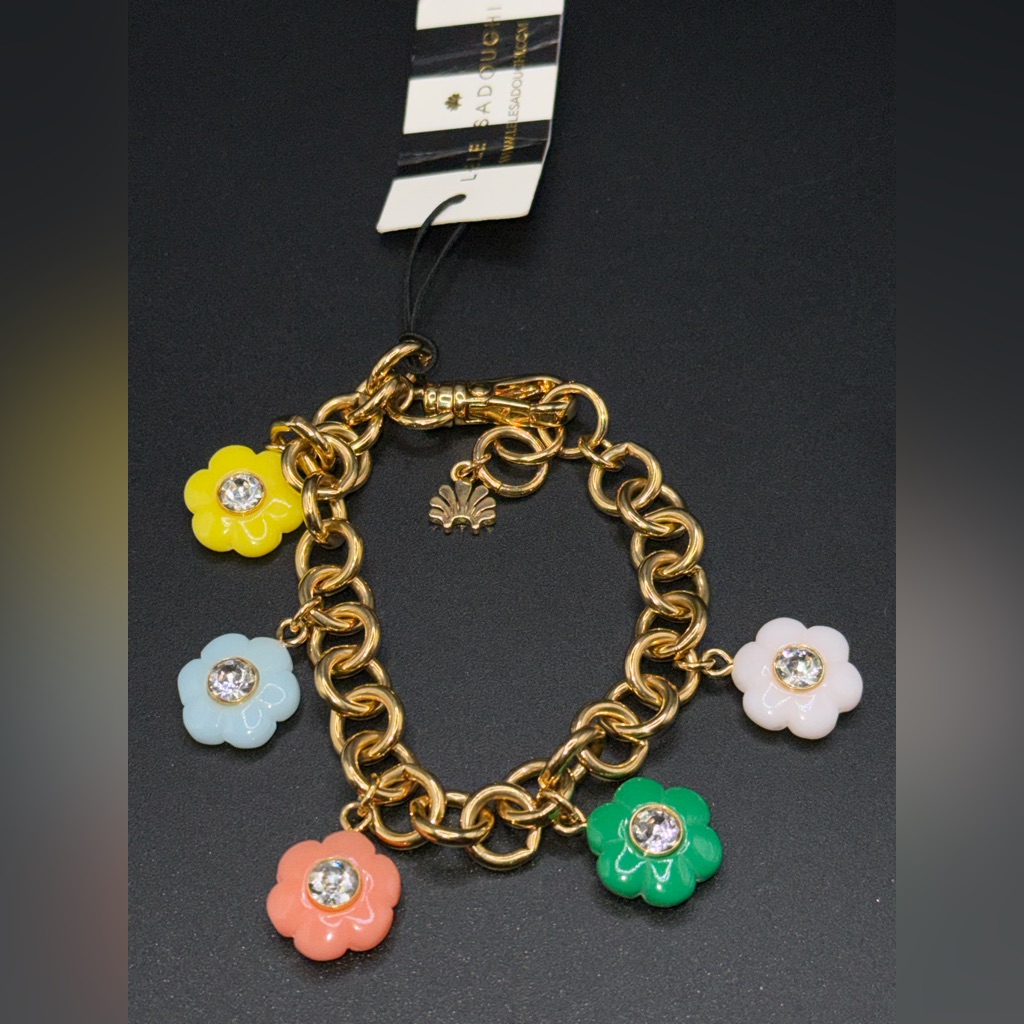 Lele Sadoughi Gold Link Bracelet With Multicolor Flower Charms. New With Tag